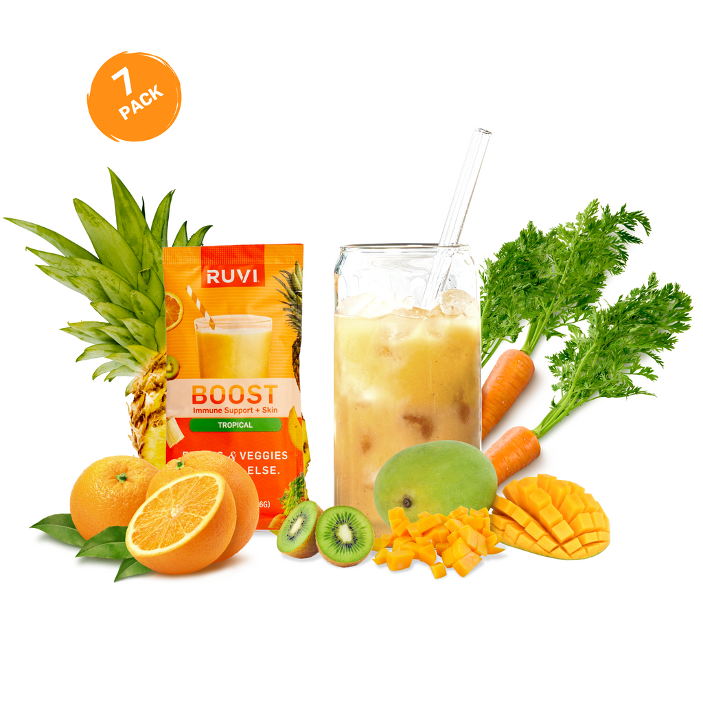 Ruvi Boost freeze dried powder drink mix is a delicious, easy way to get nearly half your daily servings of fruits & vegetables.