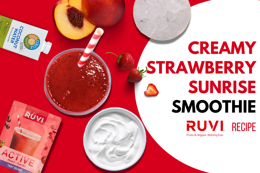 Ruvi Active Strawberry smoothie recipe showing ingredients surrounding each other