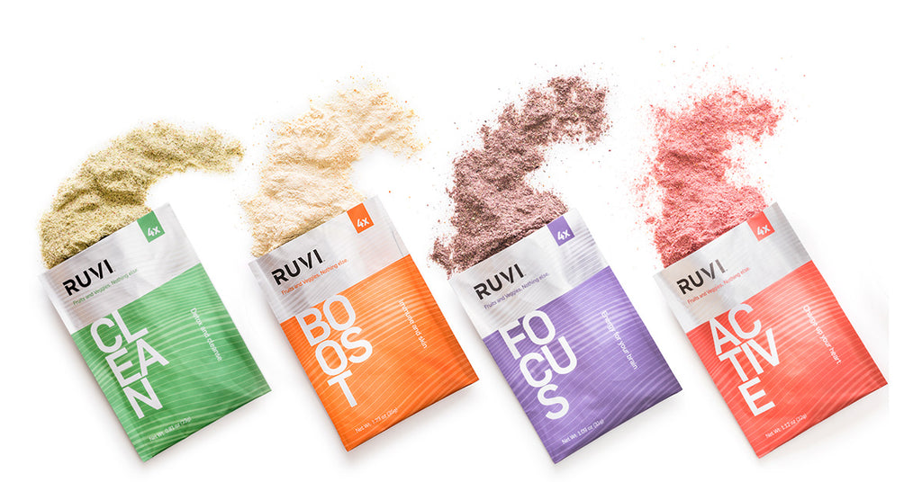 4 Ruvi smoothie blend powders spreading from packages