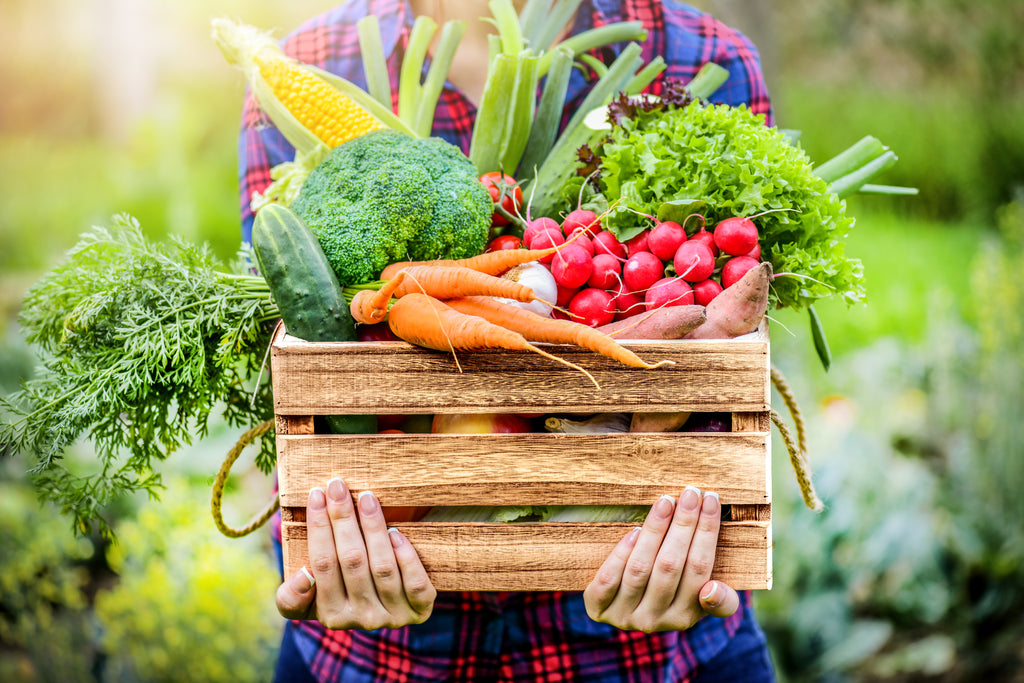 Woman standing in a garden holding a case overflowing with vegetables