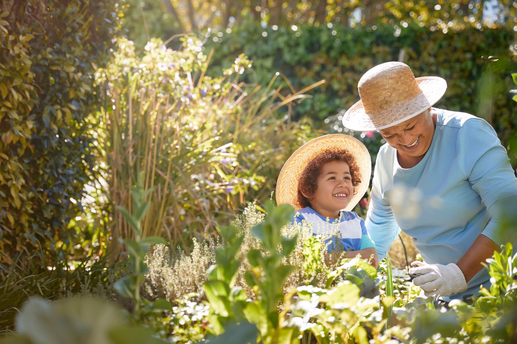 Grandma and granddaughter gardening outside with plants