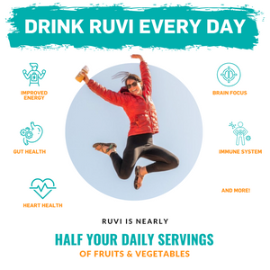 Drink Ruvi every day for improved energy, gut health, heart health, brain focus, immune system support and more! Ruvi is nearly half your daily servings of fruits & vegetables.