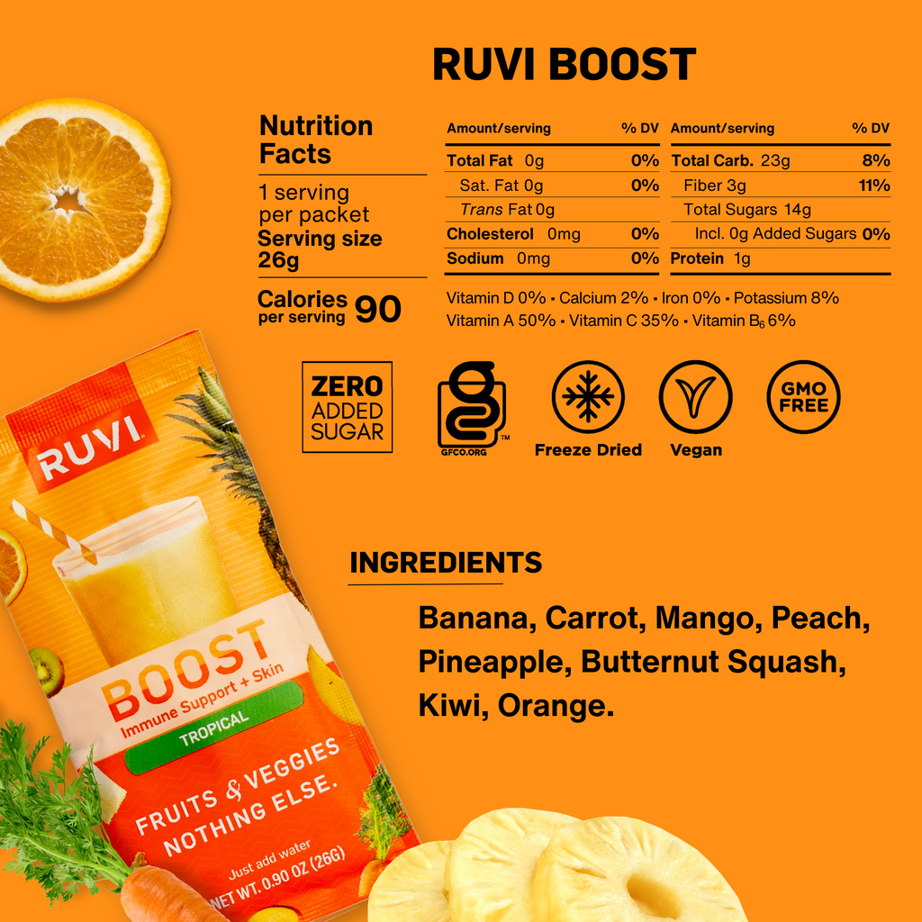 Ruvi Boost nutrition facts. Ingredients: Banana, Carrot, Mango, Peach, Pineapple, Butternut Squash, Kiwi, Orange.