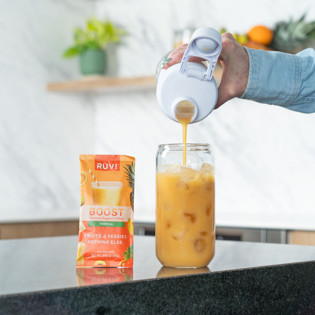 Ruvi is a freeze dried powder you add to a shaker bottle with water. Pour it over ice for a nice, cold taste.