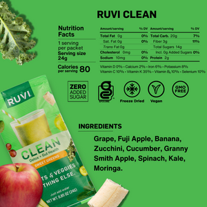 Ruvi Clean nutrition facts. Ingredients: Grape, Fuji Apple, Banana, Zucchini, Cucumber, Granny Smith Apple, Spinach, Kale, Moringa.