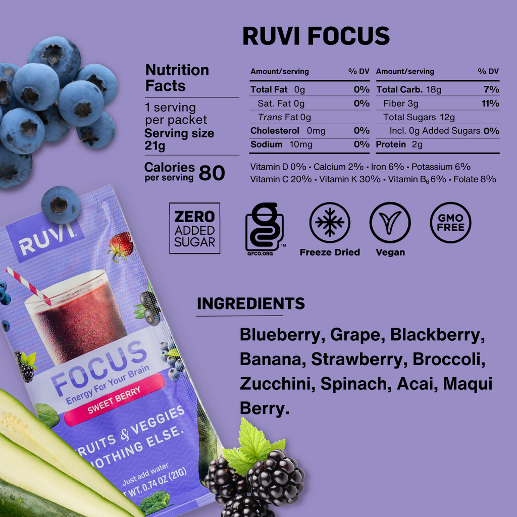 Ruvi Focus nutrition facts. Ingredients: Blueberry, Grape, Blackberry, Banana, Strawberry, Broccoli, Zucchini, Spinach, Acai, Maqui Berry.