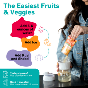 The Easiest Fruits & Veggies. Step 1, add 5-6 ounces of water to a shaker bottle. Step 2, Add ice. Step 3, Add Ruvi and shake! Texture issues? Use blender with ice. Need it sweeter? Use juice instead of water.